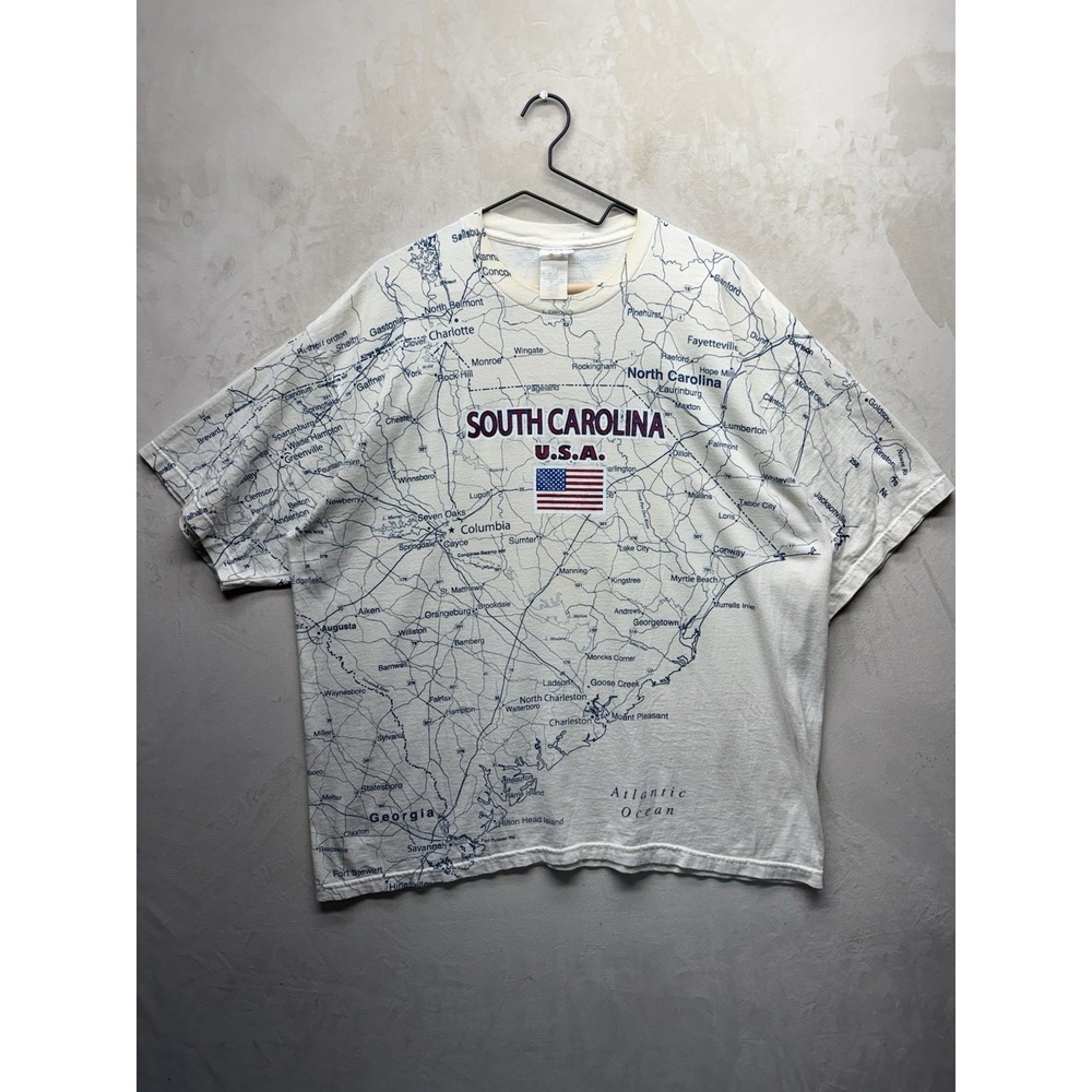 VTG 90s Tee Jays AOP T-Shirt Mens 2XL White South Carolina Map USA Flag Print